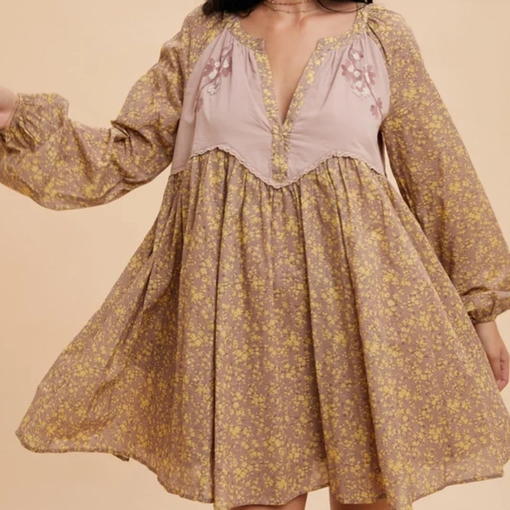Boutique Cotton Embroidered Long Sleeve Babydoll Dress In Fawn
